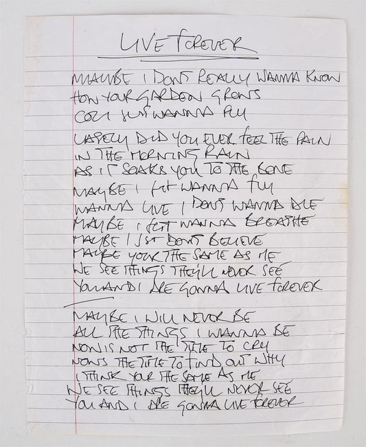 Oasis handwritten Live Forever Lyrics | Ewbanks Auctions